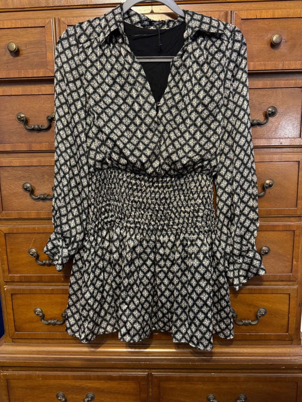 Zara Black Gold Diamond Print Metallic Smocked Waist Long Sleeve Mini Dress XS